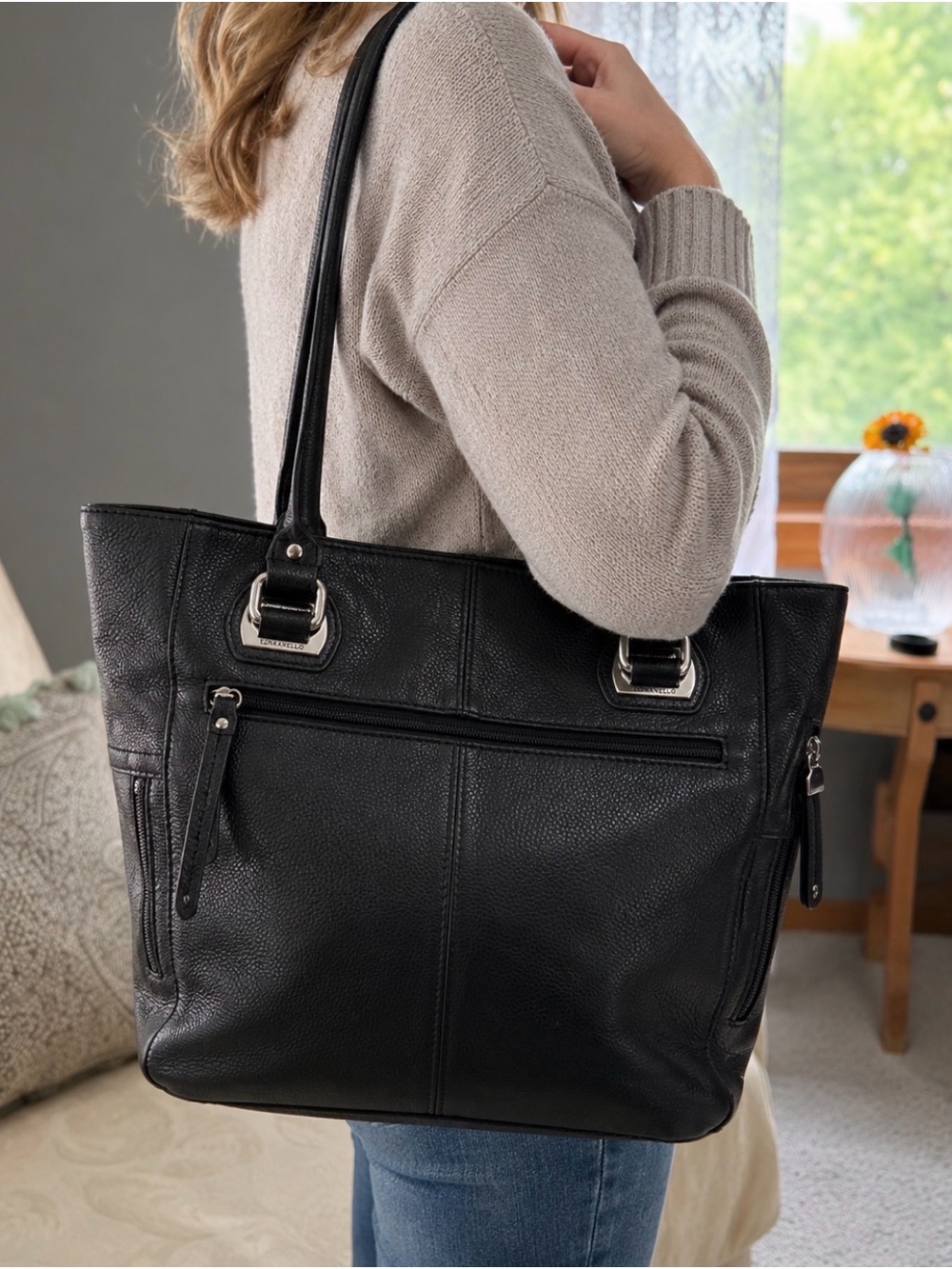 Tignanello Black Leather Tote Bag with Silver Hardware